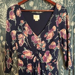 Anthropologie Maeve Heppel Ruched Blue Floral Dress Hi-Low Hem Sz Large